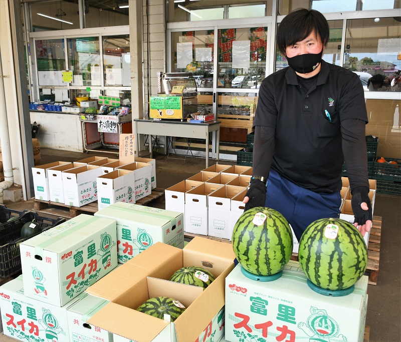 通常より遅い時期に出荷される秋作スイカが店頭に並んだ=富里市