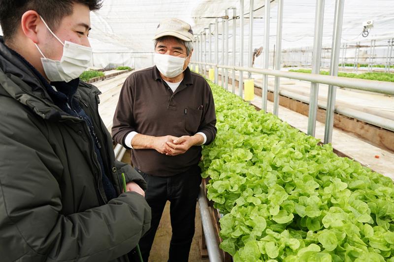 地元のレタス農家（右）から肥料や栽培方法などを学ぶ新井専務（本人提供）