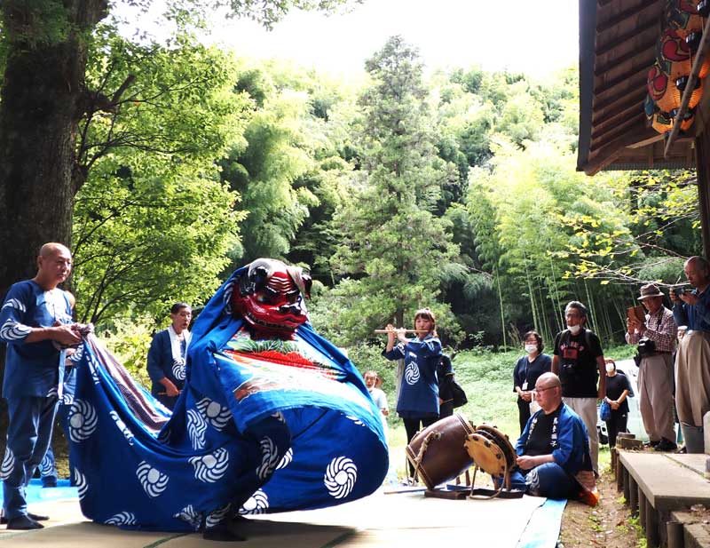 祭りばやしに合わせて躍動感あふれる舞いが披露された「馬登の獅子神楽」=29日、君津市