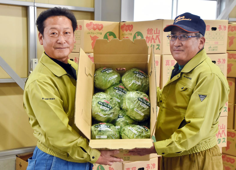 出荷が始まった「かんべレタス」の箱を掲げる片岡副組合長(右)と出口晃司副組合長=19日、館山市