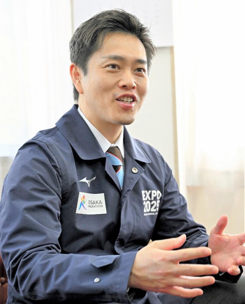 万博の意義について語る大阪府の吉村知事=22日、千葉市中央区