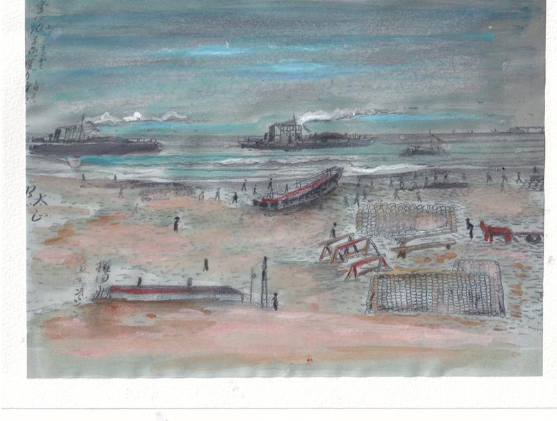 「ごんたや」網主が鉛筆で描いたイワシの干し場。筆者が彩色した