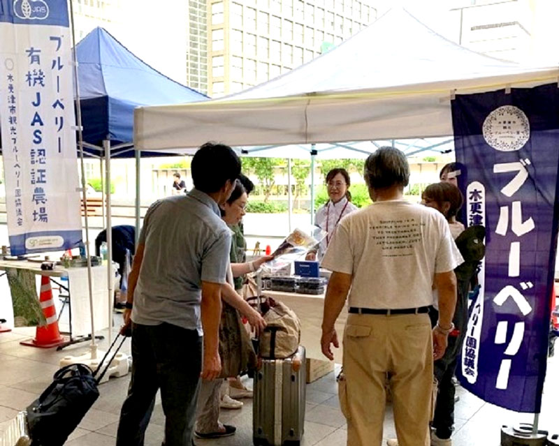 朝摘みのブルーベリーを高速バスで都内に運んで販売した実証実験＝東京都新宿区（木更津市提供）
