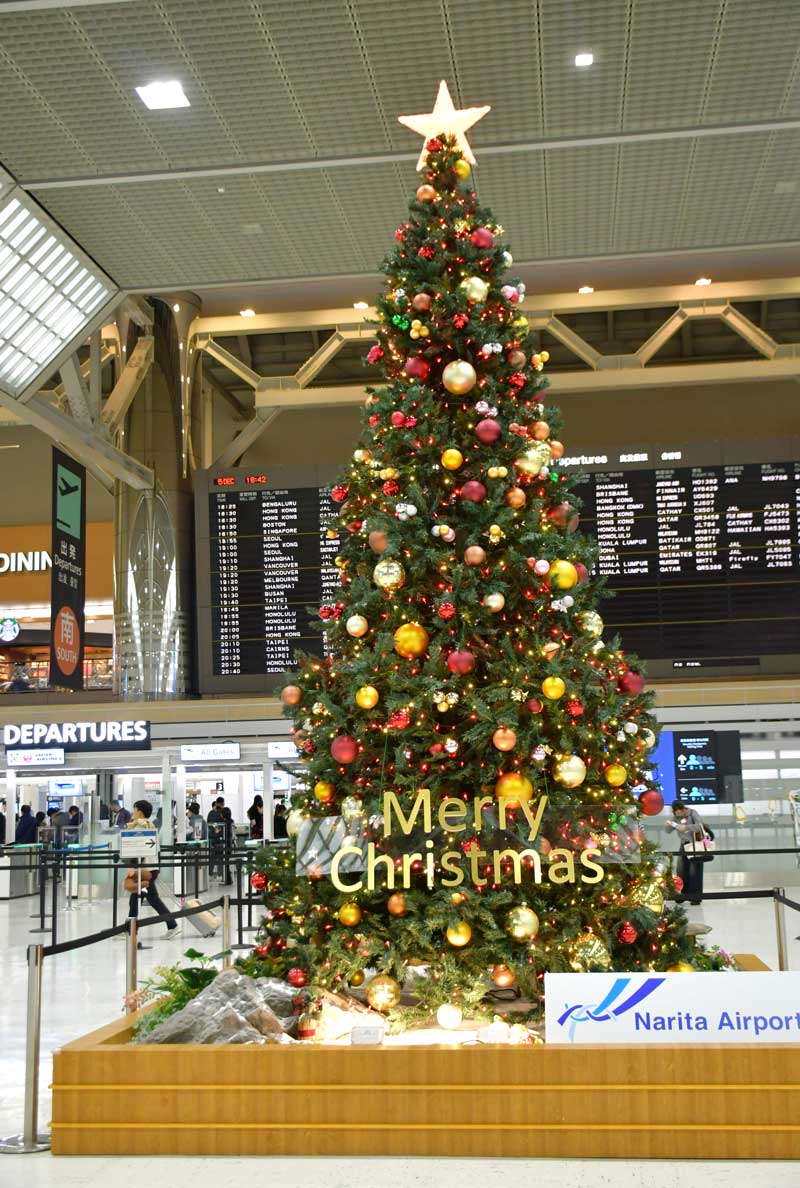 国際線出発ロビーに登場した高さ６メートルのクリスマスツリー