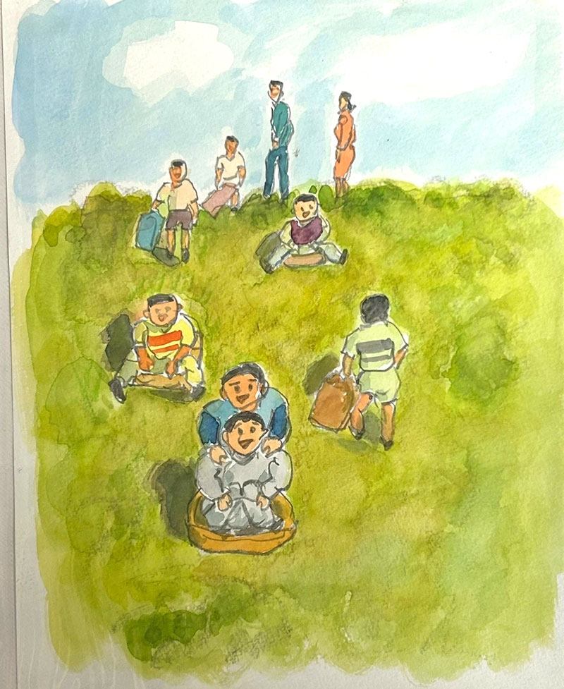 流山カルタ「春の日に　江戸川の土手　草すべり」の絵札（利根運河交流館提供）
