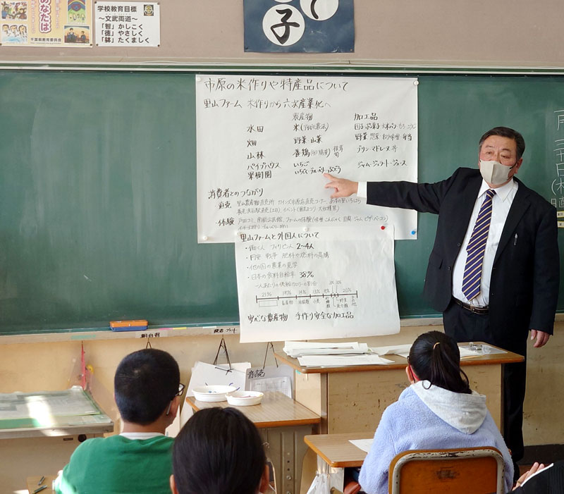 戸田小の児童に、自身が行っている農業について説明する山崎さん＝市原市