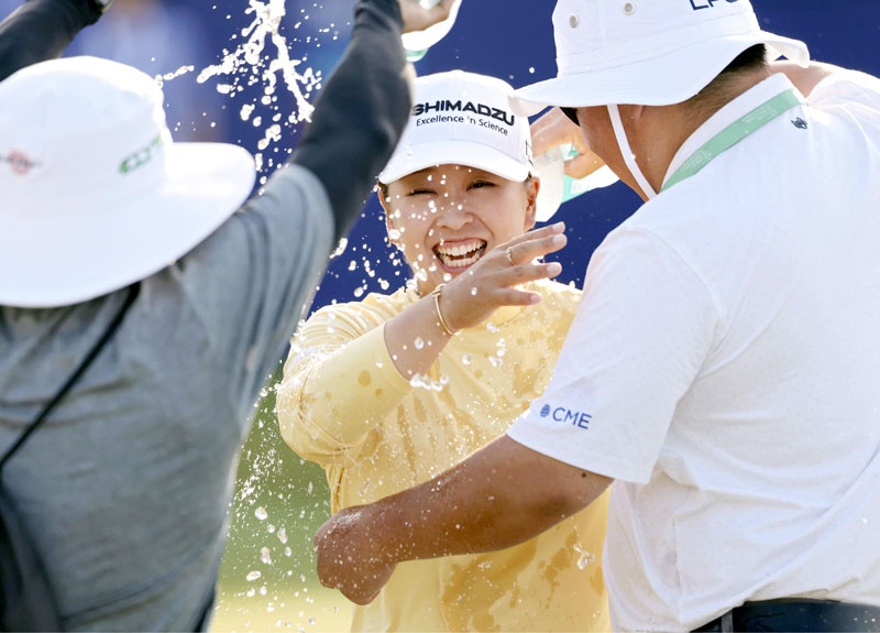 最終ラウンド、プレーオフを制し、メジャー初優勝を果たした西郷真央=カールトンウッズ・クラブ(ゲッティ=共同)
