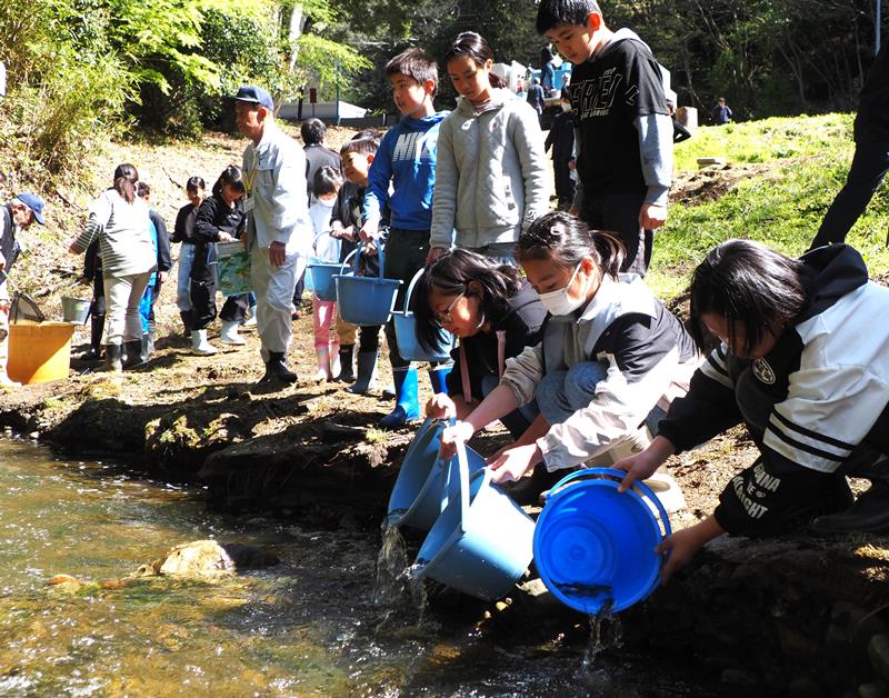 「元気に育って」と願い、アユの稚魚を放流する環小の子どもたち＝１６日、富津市